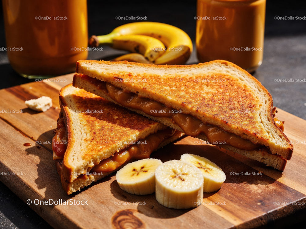 Grilled Peanut Butter and Banana Sandwich on Rustic Wooden Board