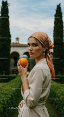 Stylish Woman Holding an Orange in a Bright Outdoor Setting