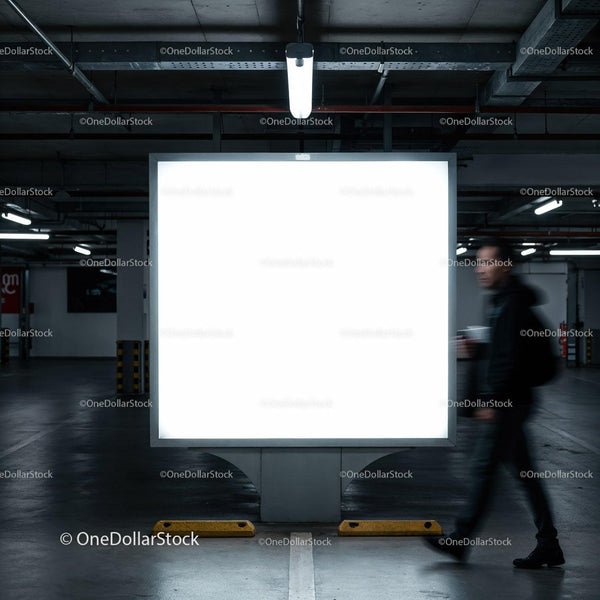 Blank illuminated billboard in dim underground parking garage JPG Mockup Image