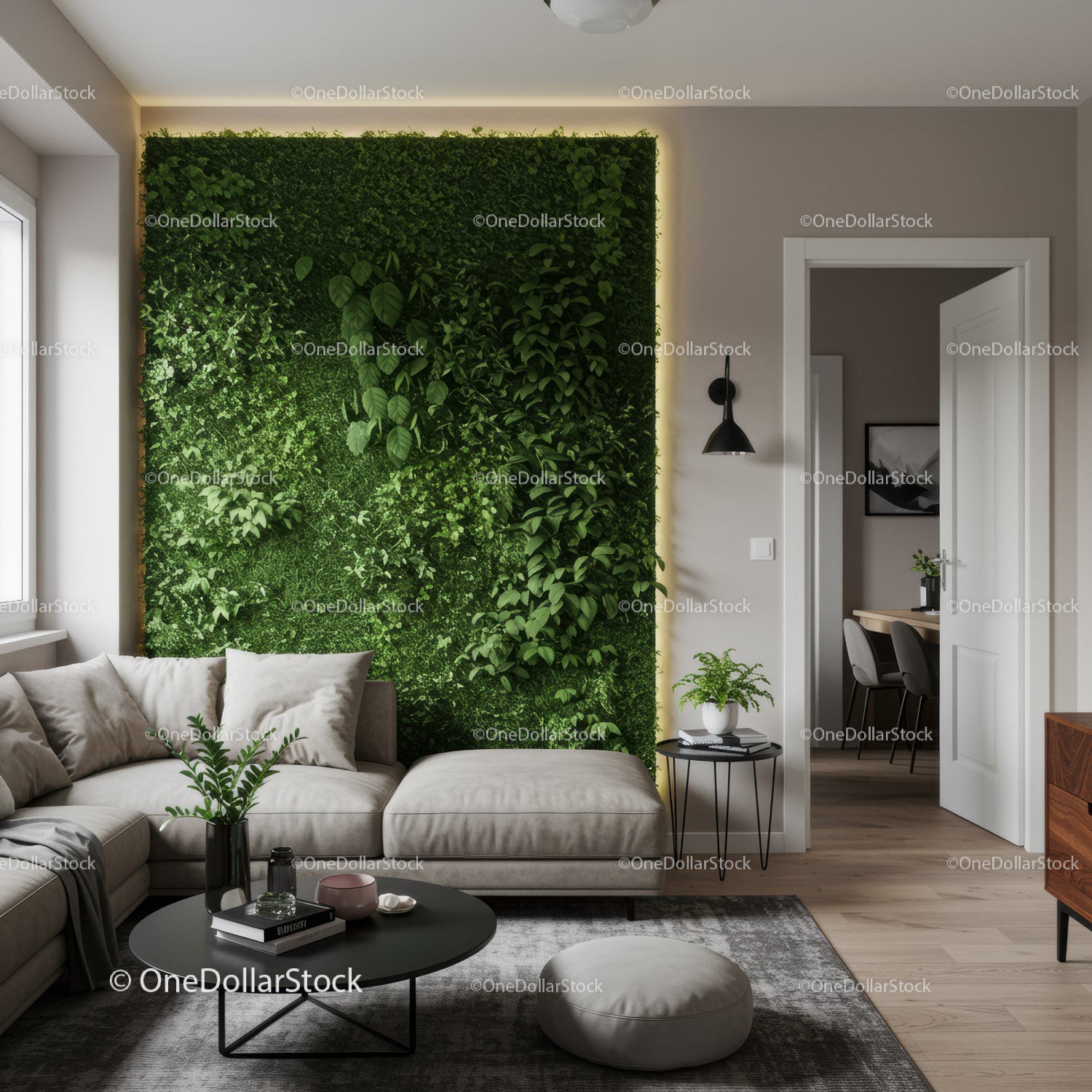 Nowoczesny salon z zieloną ścianą z roślin i przytulnym wnętrzem z sofą