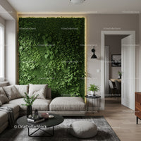 Modern Living Room with Green Plant Wall and Cozy Sofa Interior