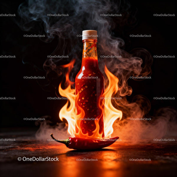 Spicy Hot Sauce Bottle Surrounded by Flames
