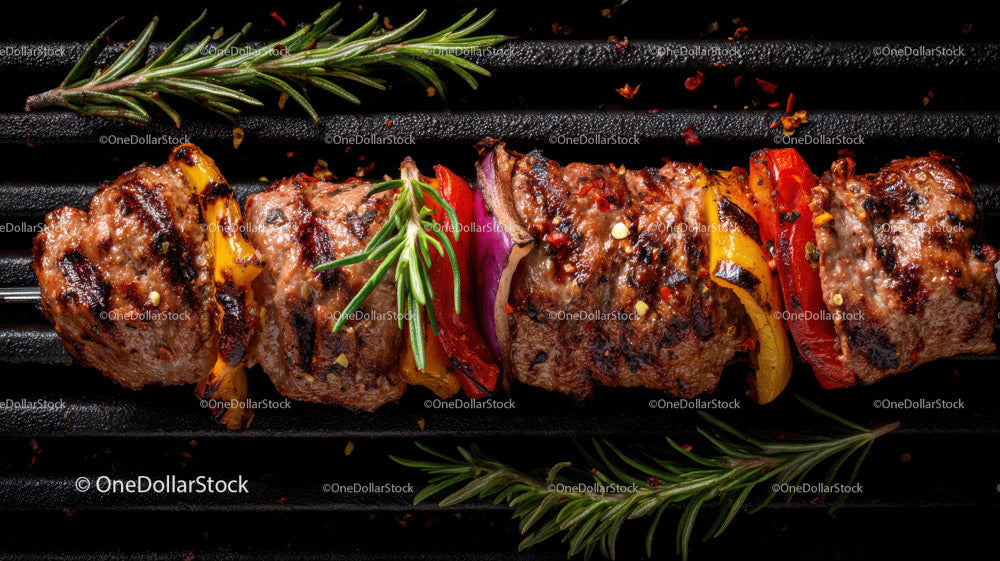 Colorful Grilled Meat and Vegetable Skewers on Barbecue Grill
