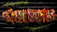 Colorful Grilled Meat and Vegetable Skewers on Barbecue Grill