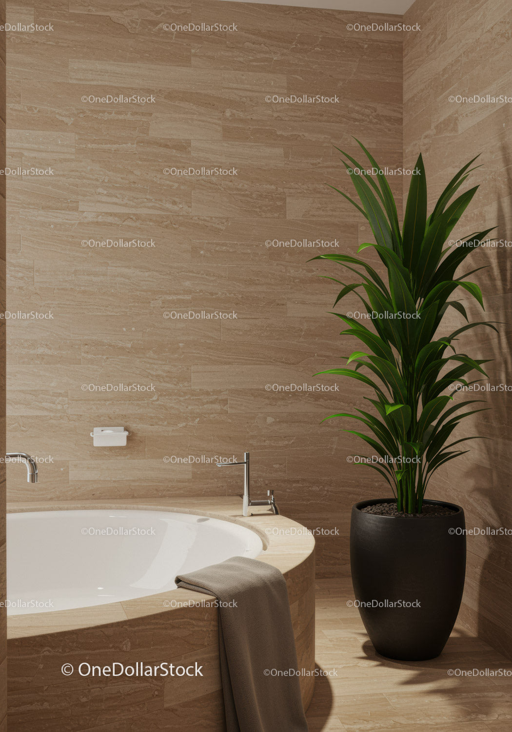 Elegant Modern Bathroom with Beige Tiles and Green Plant