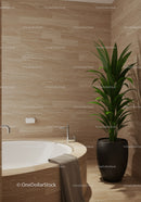 Elegant Modern Bathroom with Beige Tiles and Green Plant