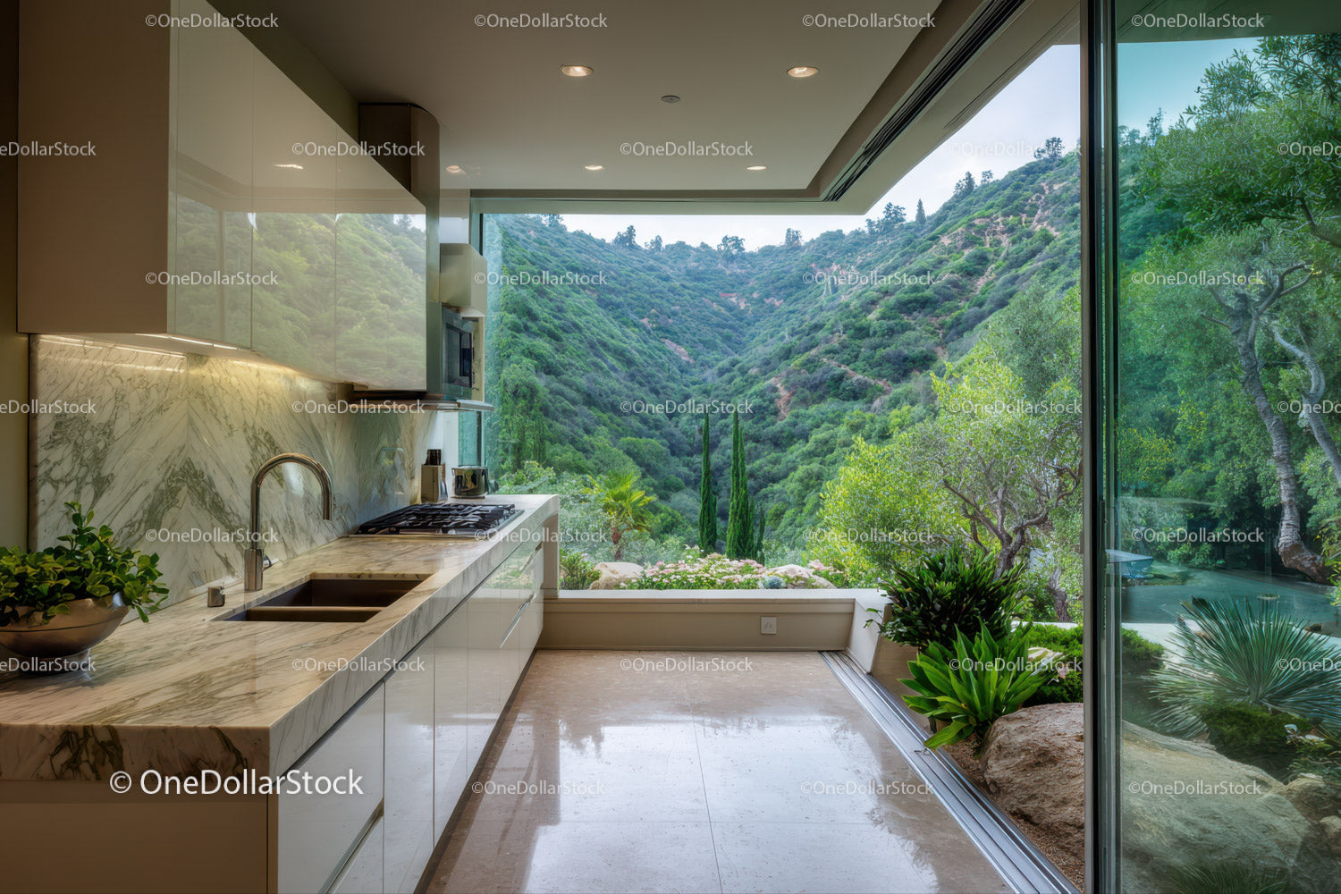 Modern Kitchen with Scenic Mountain View and Greenery