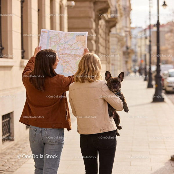 Dwie kobiety odkrywają ulice miasta z psem i mapą