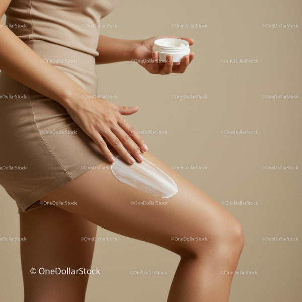 Cream Application on Smooth Legs with Woman in Beige Outfit