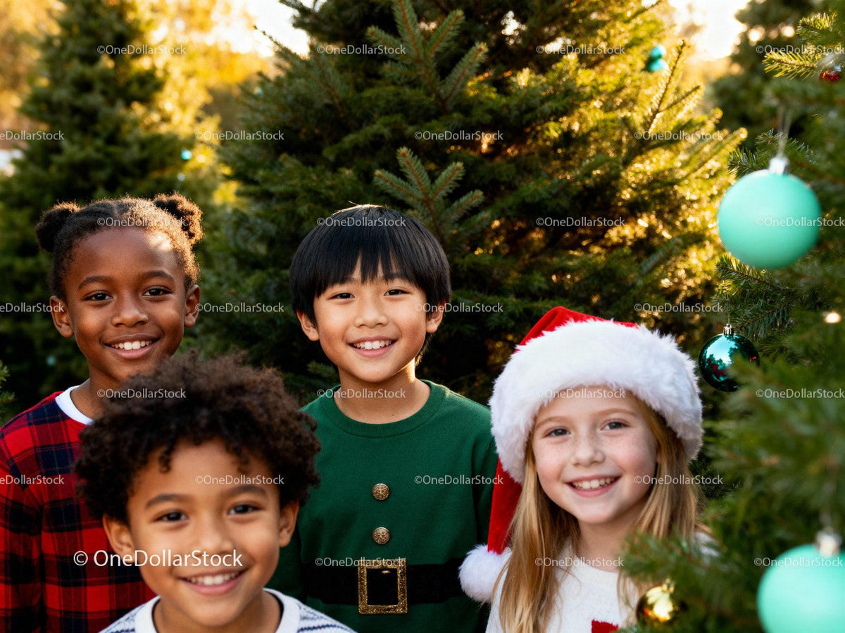 Smiling diverse children enjoying Christmas tree outing