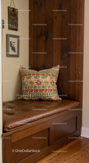 Cozy Wooden Bench with Decorative Pillow in Warm Interior Scene