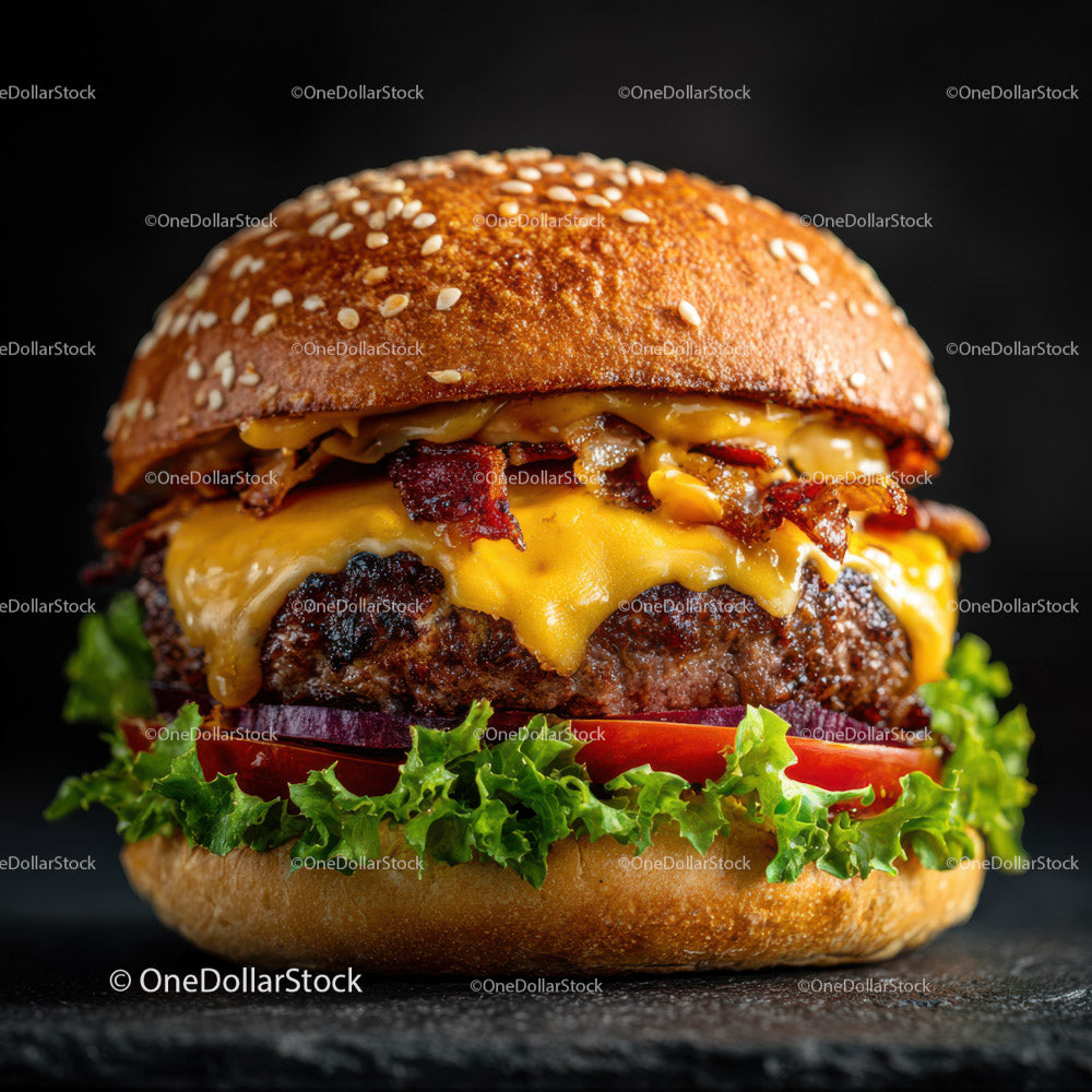 Soczysty cheeseburger z boczkiem i świeżymi warzywami w bułce sezamowej