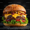 Juicy Cheeseburger with Bacon and Fresh Vegetables in Sesame Bun