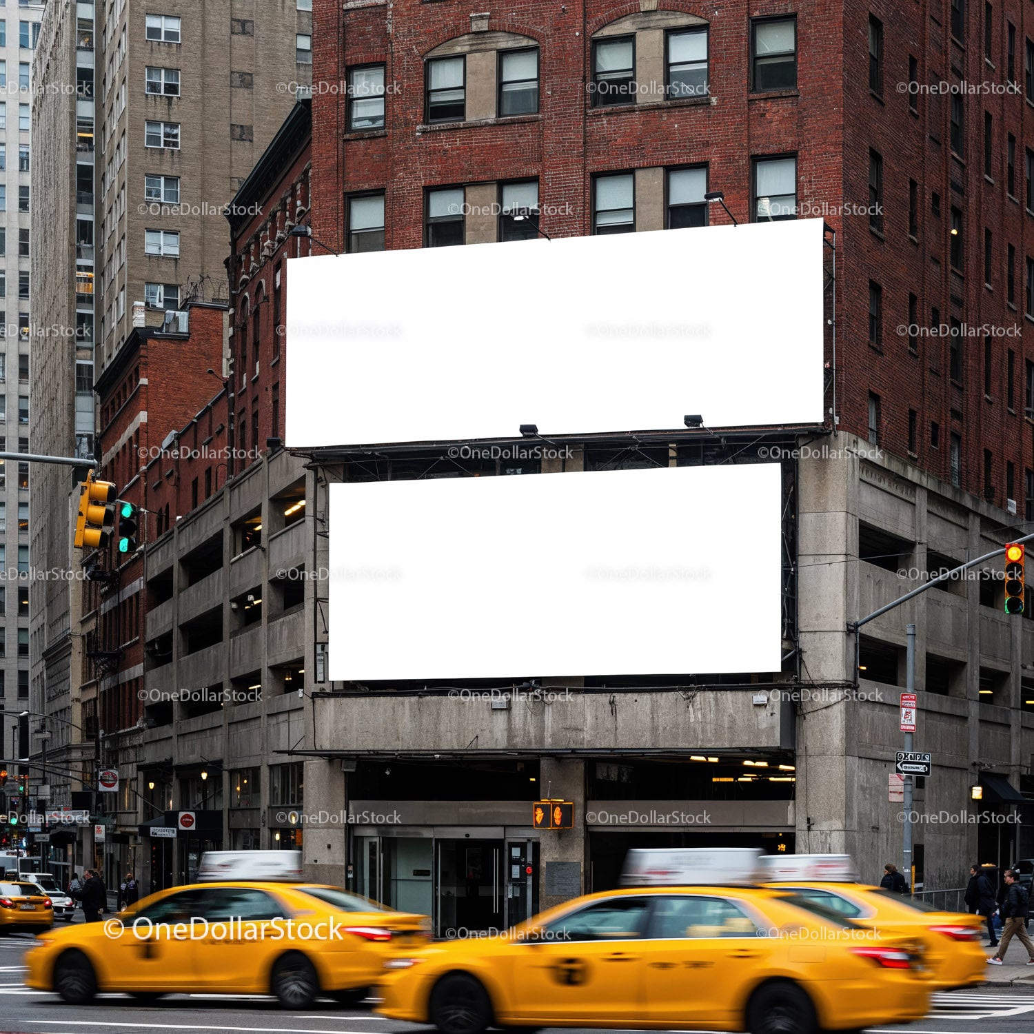 Empty billboards over busy New York street with taxis