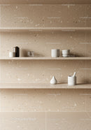 Modern Kitchen Shelf with Ceramic Bowls and Terrazzo Wall