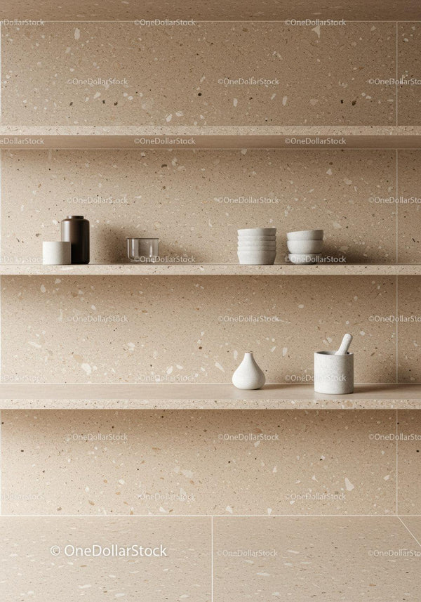 Modern Kitchen Shelf with Ceramic Bowls and Terrazzo Wall