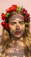 Beautiful Woman Wearing Floral Crown with Red Alstroemeria and Grape Flowers