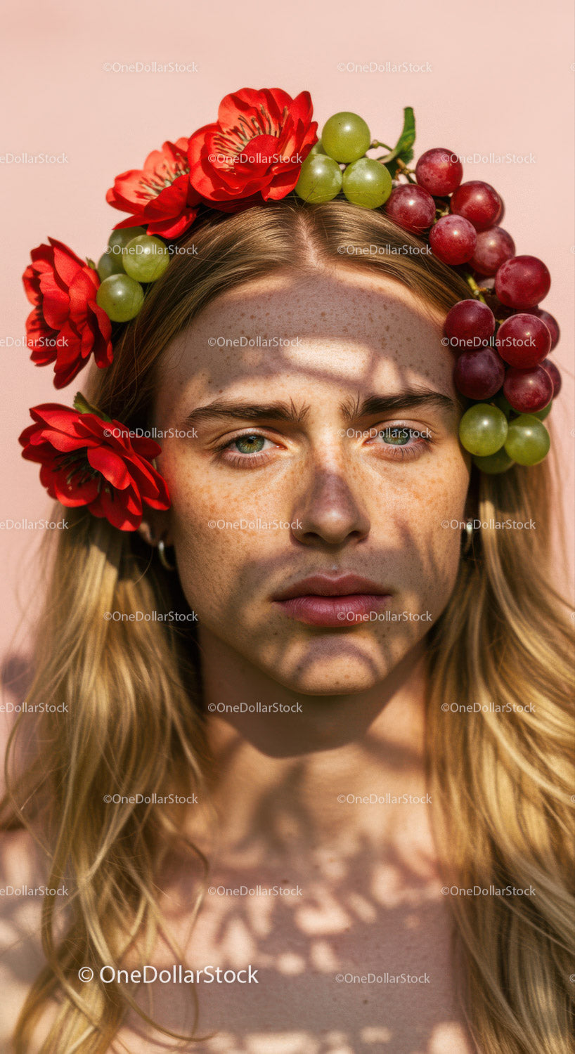 Beautiful Woman Wearing Floral Crown with Red Alstroemeria and Grape Flowers