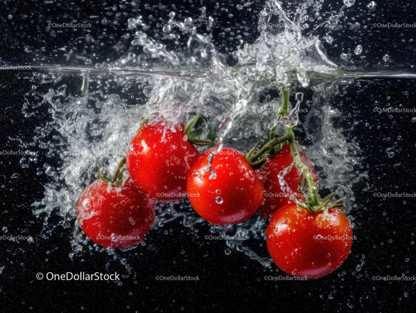 Fresh Cherry Tomatoes Splashing into Water