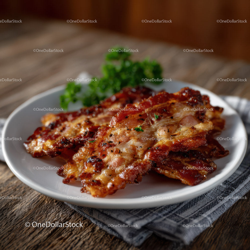 Crispy Grilled Bacon Strips on White Plate with Herbs and Rustic Background