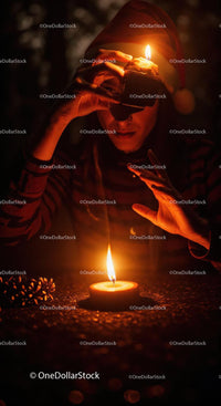 Man Wearing Santa Hat Warming Hands by Candlelight