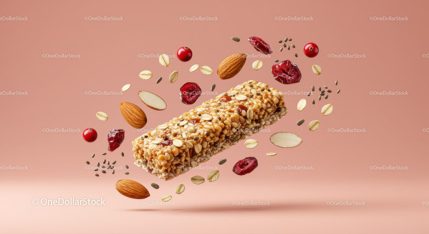 Healthy granola bar with almonds and dried cranberries