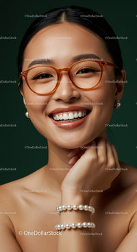 Smiling woman wearing glasses and pearl jewelry