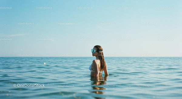 Kobieta pływająca w spokojnym, błękitnym oceanie pod czystym niebem