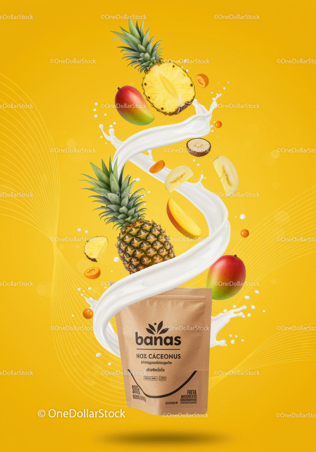 Tropical fruit smoothie ingredients swirling around package