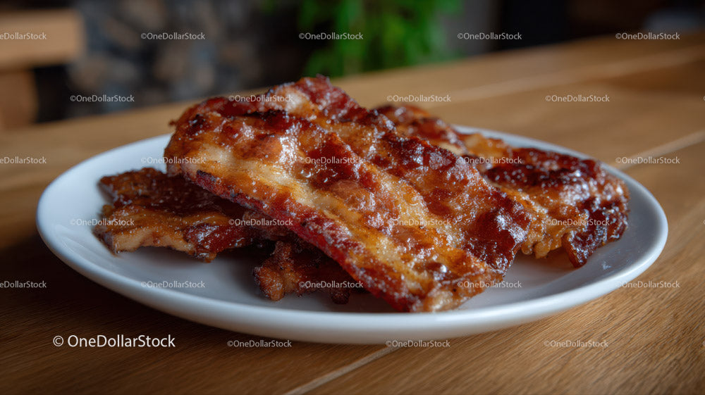 Crispy Bacon Strips on White Plate with Wooden Background