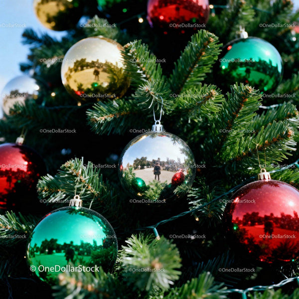 Colorful Christmas ornaments hanging on green fir tree