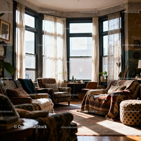 Przytulny salon z vintage meblami i światłem słonecznym