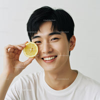 Young Man Holding Lemon Half Smiling Cheerfully in Studio