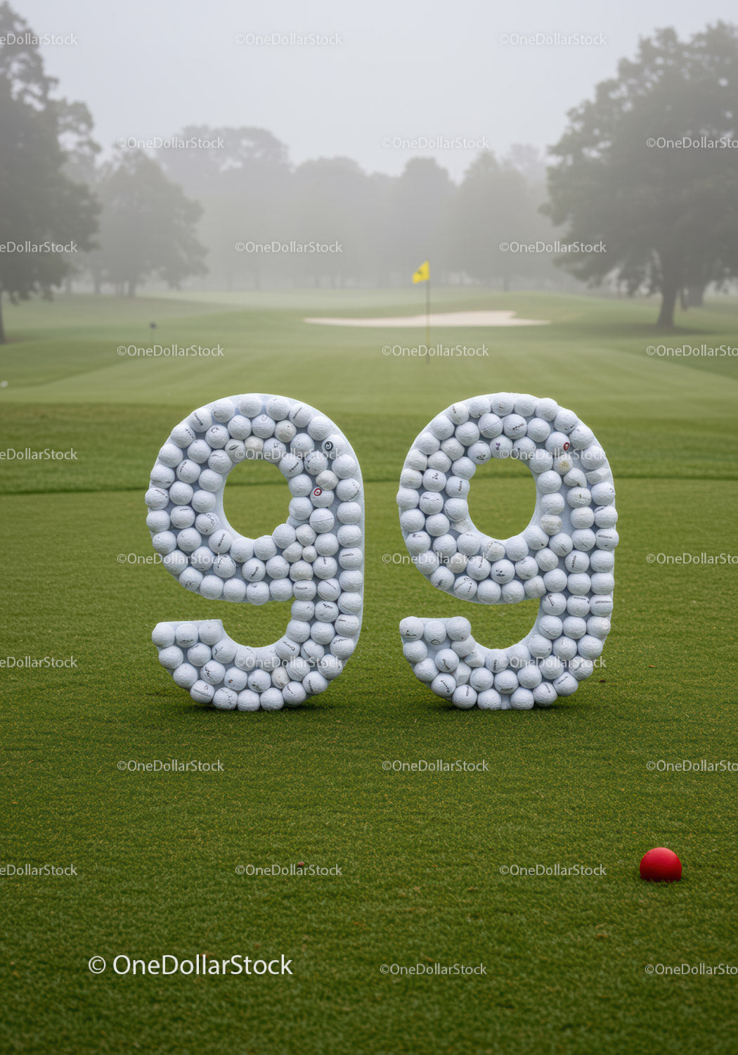 Number 99 made of golf balls on misty golf course