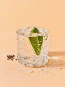 Refreshing Sparkling Water with Green Leaf and Ice Cubes