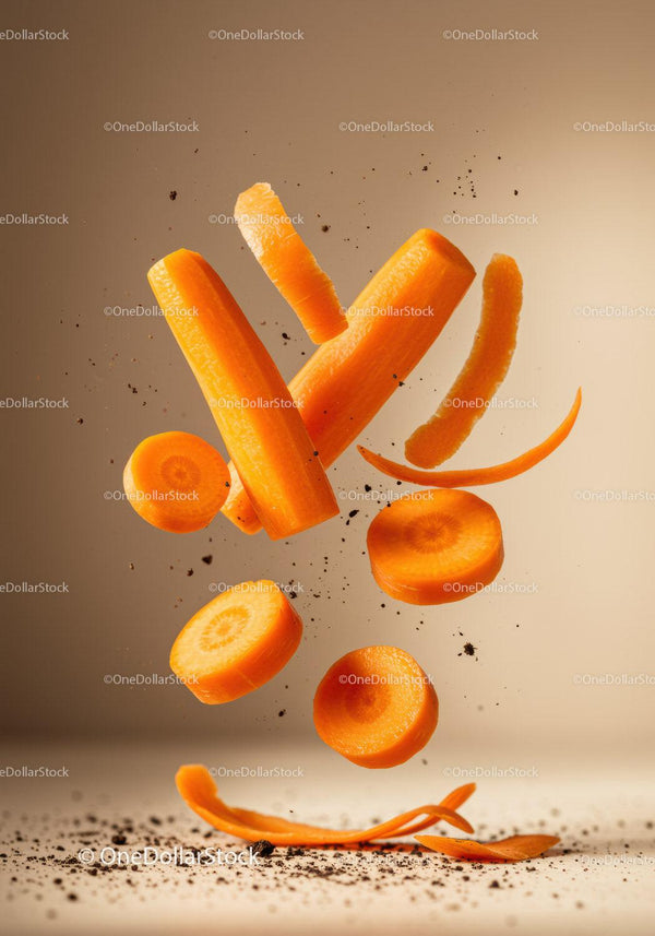 Fresh carrot pieces and peels flying with soil particles