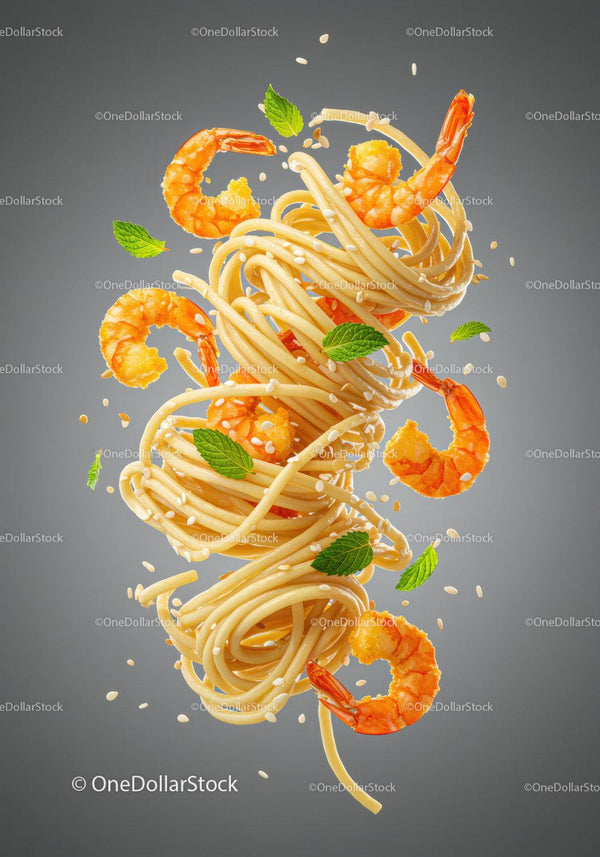 Delicious shrimp pasta tossed with fresh herbs and sesame