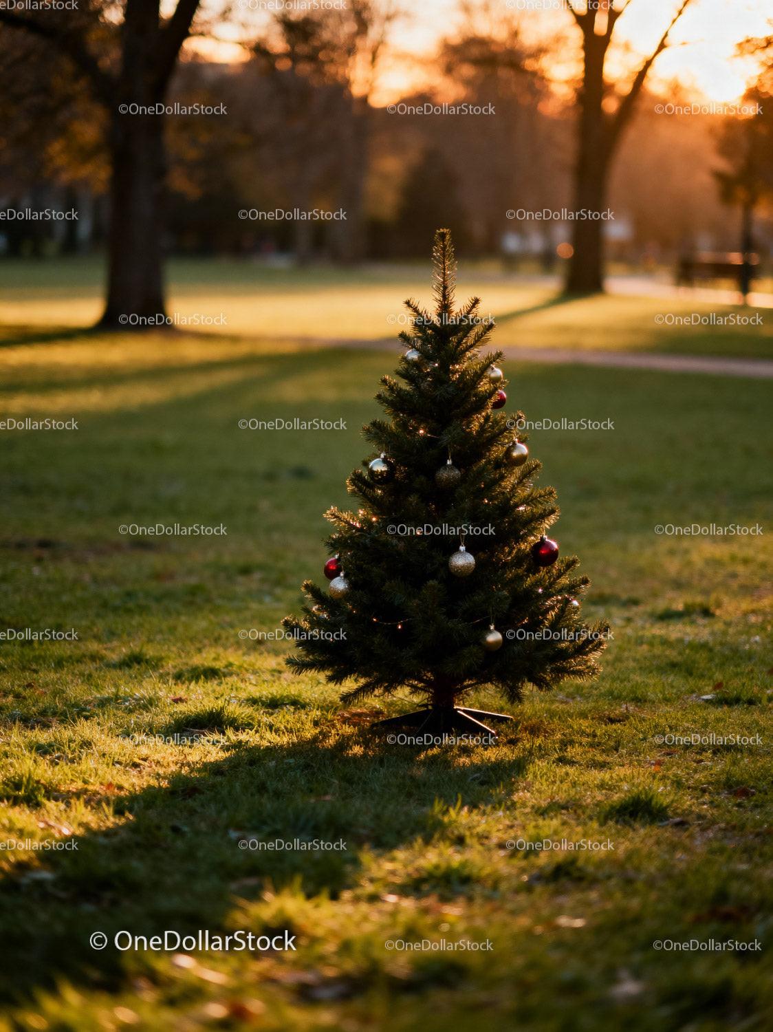Decorated Christmas Tree Standing on Sunlit Grass