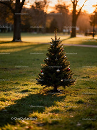 Decorated Christmas Tree Standing on Sunlit Grass