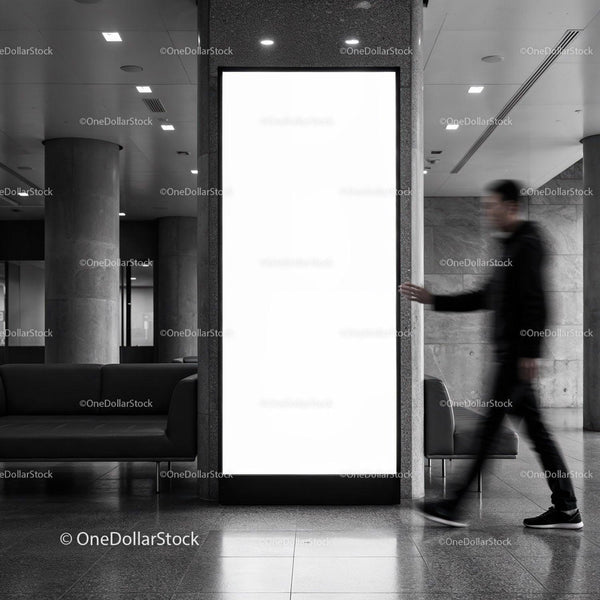 Blurred man walking past blank urban advertising display JPG Mockup Image