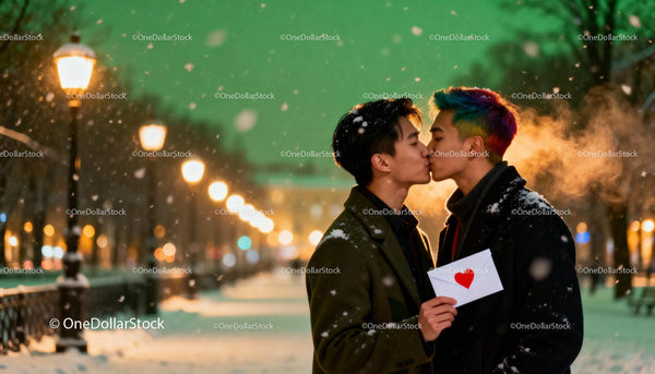 Młoda para LGBTQ dzieląca zimowy pocałunek z miłosnym listem