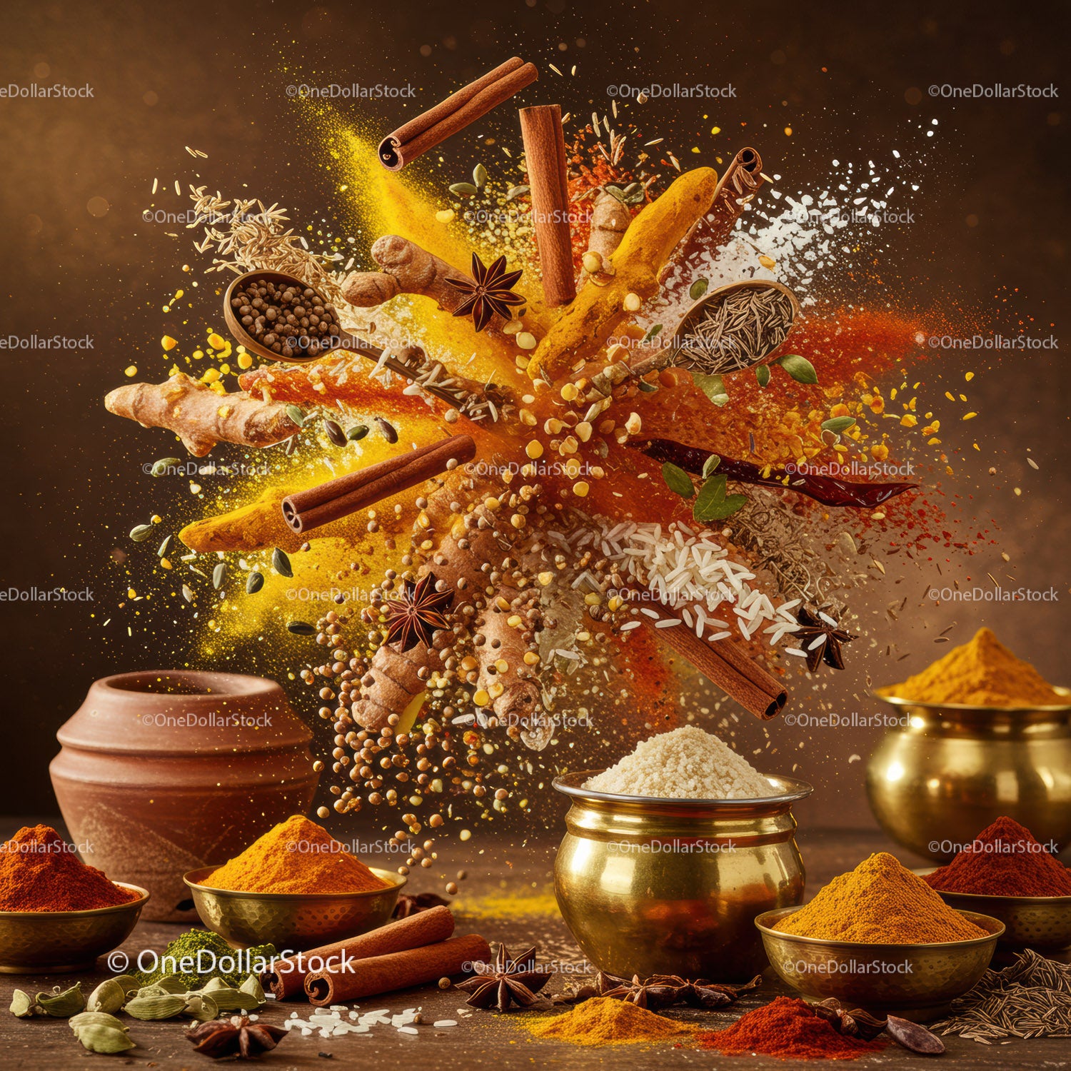 Dynamic burst of assorted vivid spices and herbs