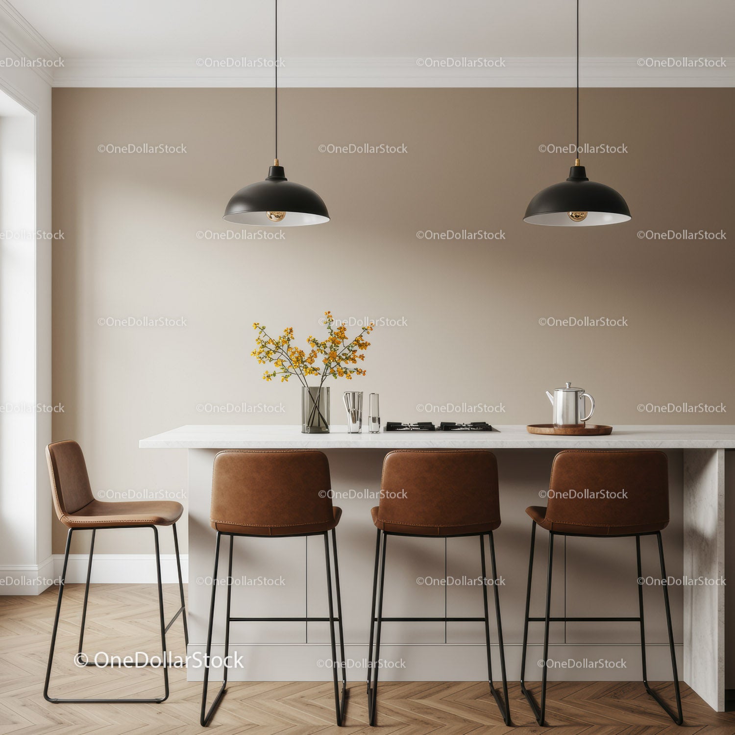 Modern Kitchen with Brown Chairs and Stylish Pendant Lighting