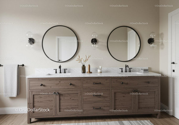 Modern Bathroom Vanity with Double Sinks and Round Mirrors