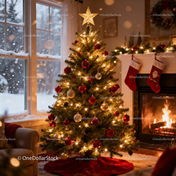 Cozy living room with decorated Christmas tree and fireplace