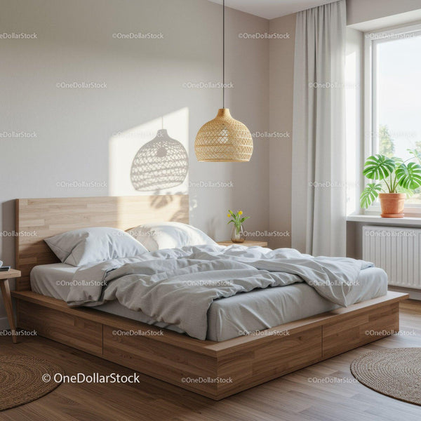 Cozy bedroom with natural wood bed and soft light