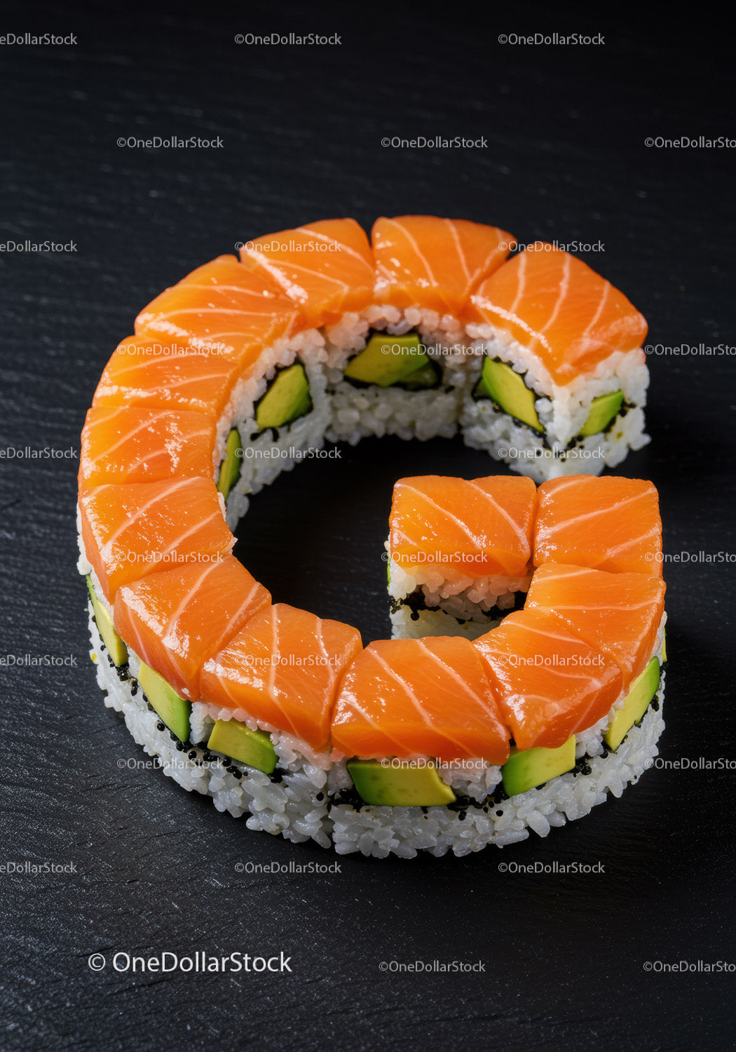 Salmon and avocado sushi arranged in circular pattern