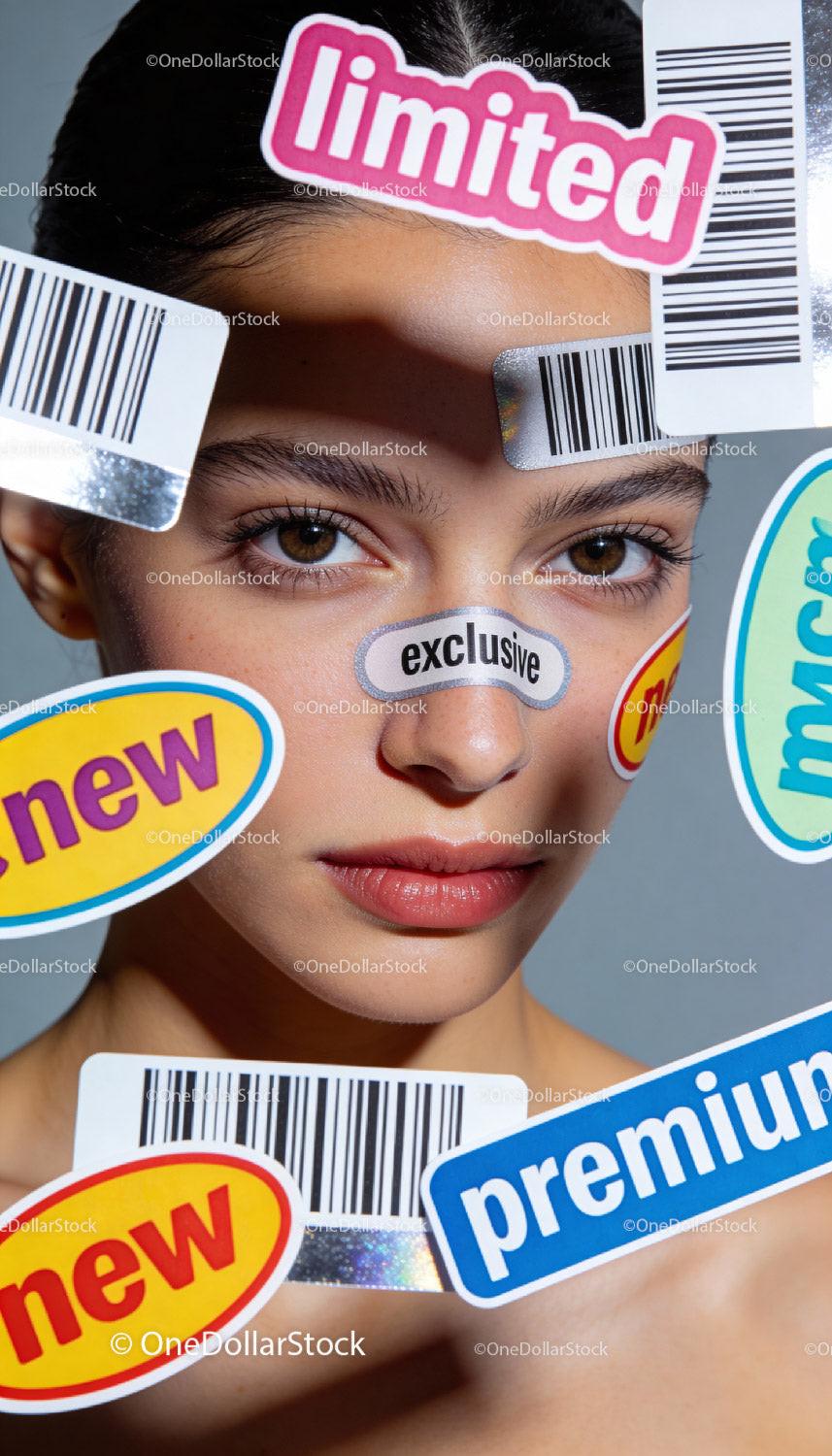 Portrait of woman surrounded by colorful product labels