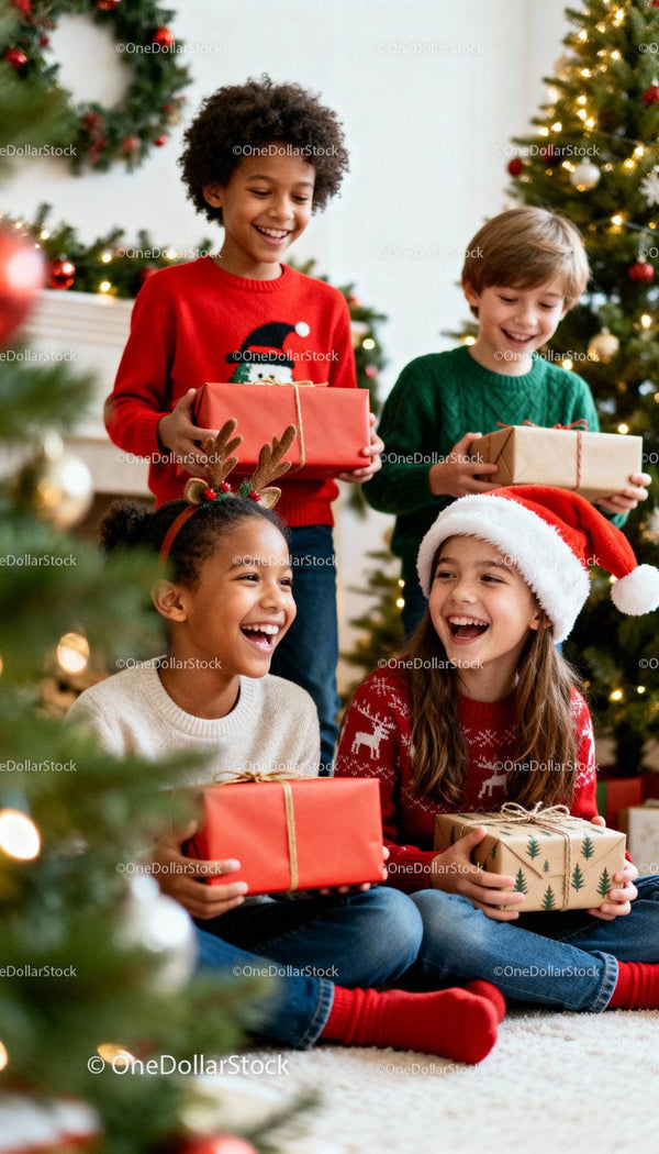 Joyful children exchanging gifts near Christmas tree