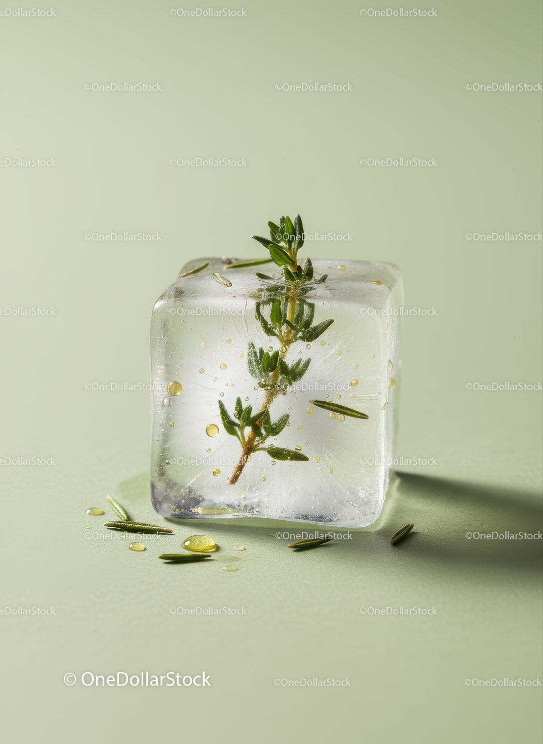 Fresh Herb Encased in Clear Ice Cube with Green Background